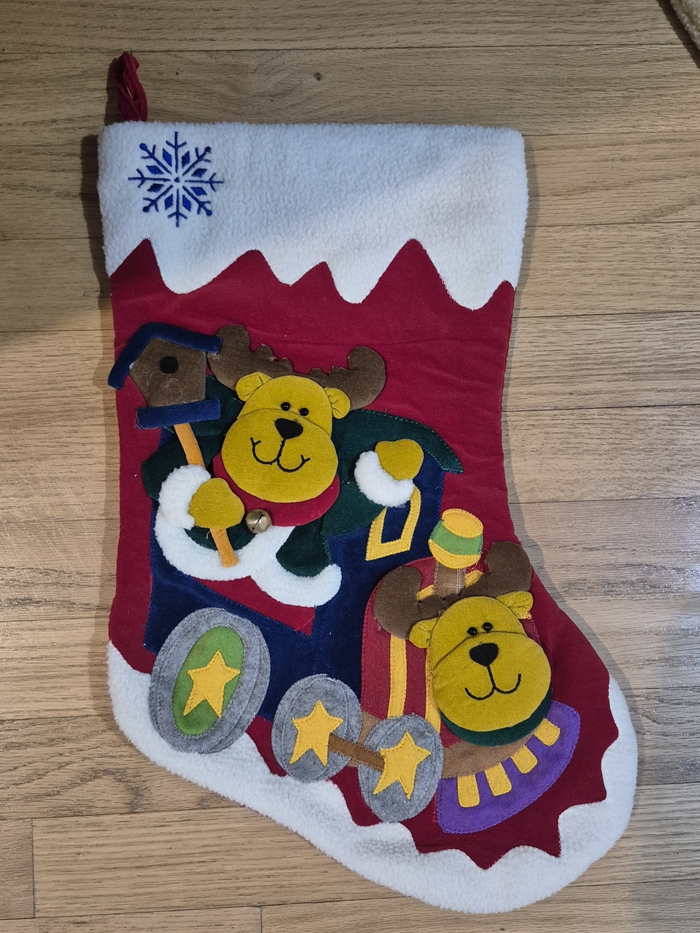 Vintage  Teddy Bear Train Christmas Stocking Fleece Applique Jing